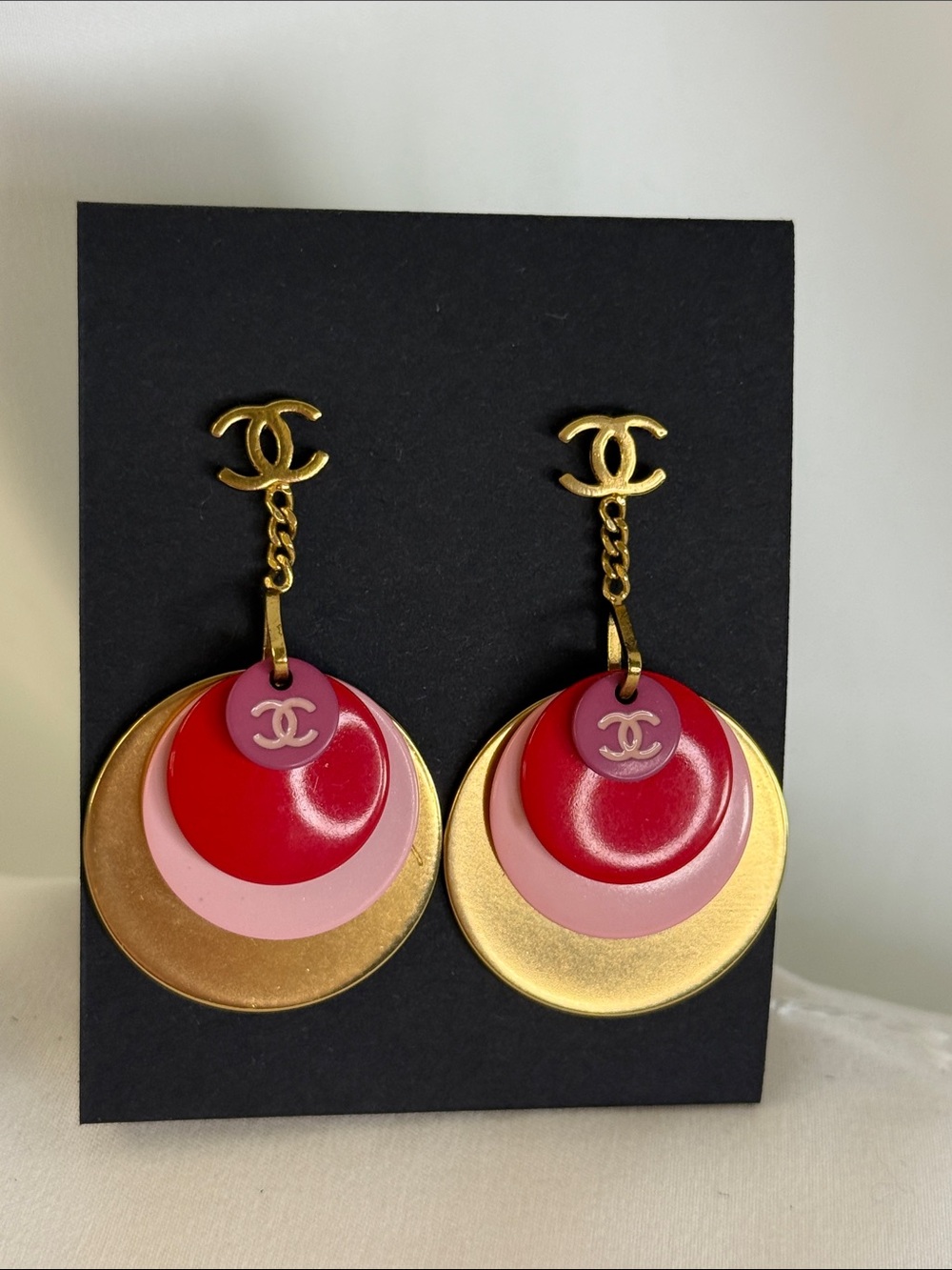 CHANEL Gold, Red & Pink Layered Disc Drop Earrings